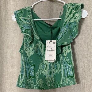 Zara Green Paisley Ruffle Blouse